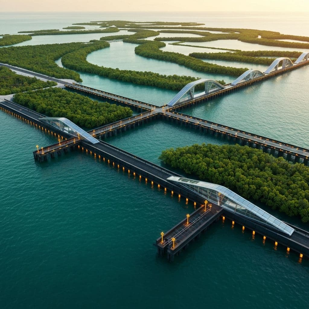 Aerial view of engineered coastal bio-shield system with mangrove fortresses and AI tide gates