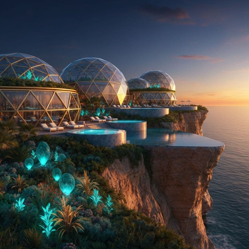 Futuristic geodesic resort domes on coastal cliffs with infinity pools at sunset